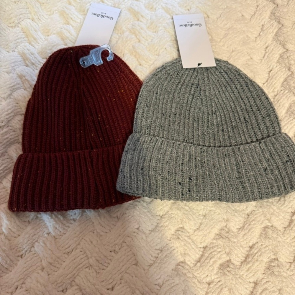 Goodfellow & Co Mens Marled Knit Beanie Hat Bundle 2 Pack Burgundy Gray NWT